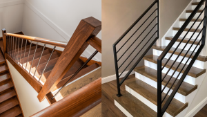 Side-by-side comparison of a wooden handrail with metal balusters and a modern black metal handrail on a staircase.