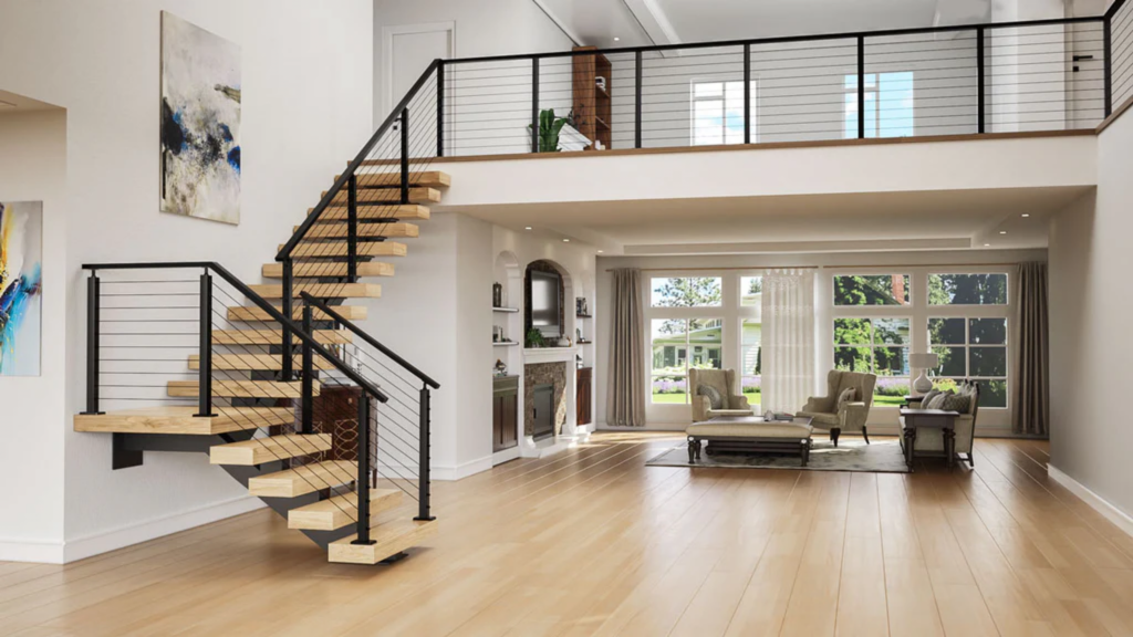 Modern open-concept home featuring a sculptural stringer staircase with floating wood treads and sleek black railing, connecting the main floor to an airy loft.
