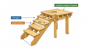 Illustrated staircase construction diagram labeling stringers, treads, risers, landing, and support framing components.