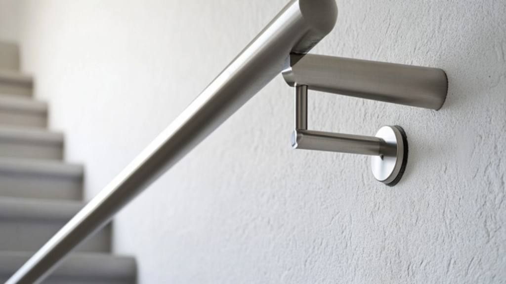 Modern staircase makeover with sleek metal handrail upgrade mounted on wall for spring renovation