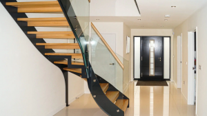 Metal and glass staircase materials designed for fire resistance and structural stability under high heat