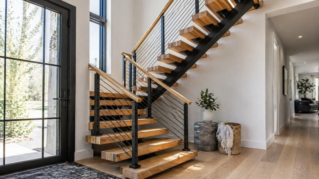 Open modern farmhouse staircase featuring floating wood treads, black metal stringers, cable railing, and abundant natural light in a contemporary California home.