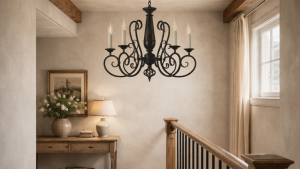 Modern farmhouse staircase landing featuring a black iron chandelier, natural wood handrail, and warm layered lighting that enhances the home's architectural details.