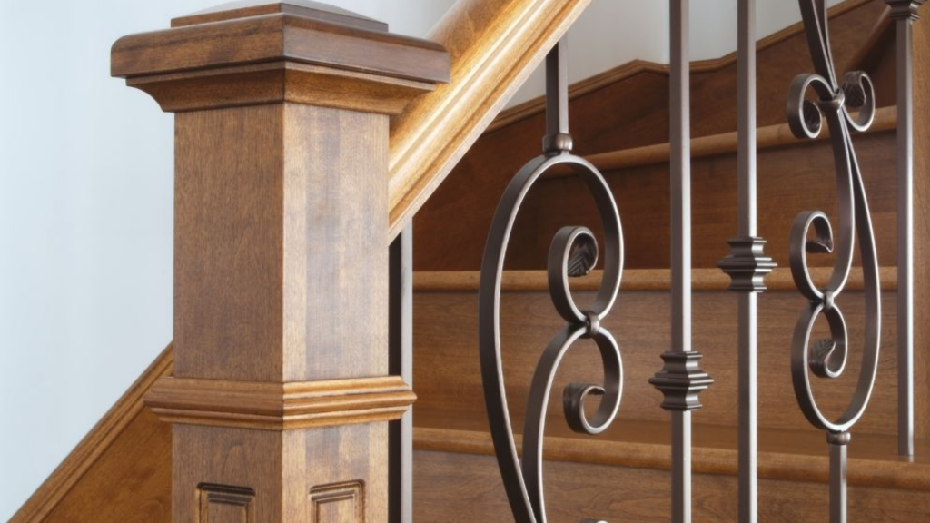 Box newel post at the bottom of a staircase, adding a strong architectural detail to the stair design.
