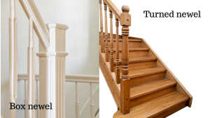 Side-by-side comparison of box and turned newel posts showing two distinct staircase styles.
