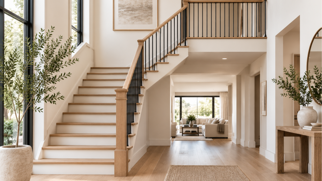 Modern oak staircase with natural wood treads, oak handrail and black metal balusters in a bright home interior